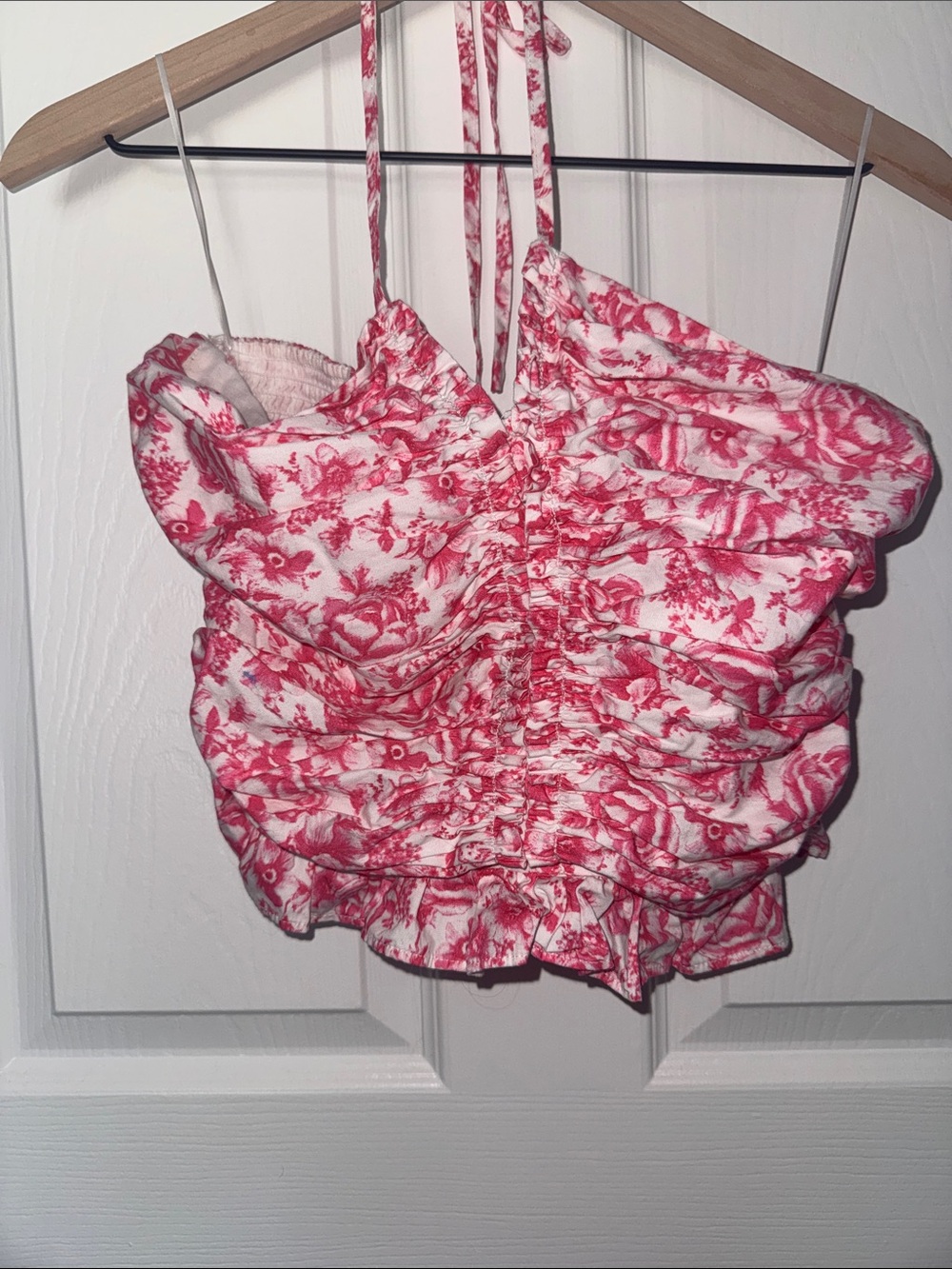 Pink Floral Ruched Cropped Halter